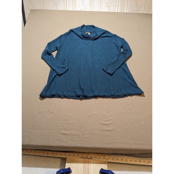 We The Free People Split Back Mock Neck Sweater Teal Blue Top Medium - Picture 3 of 10